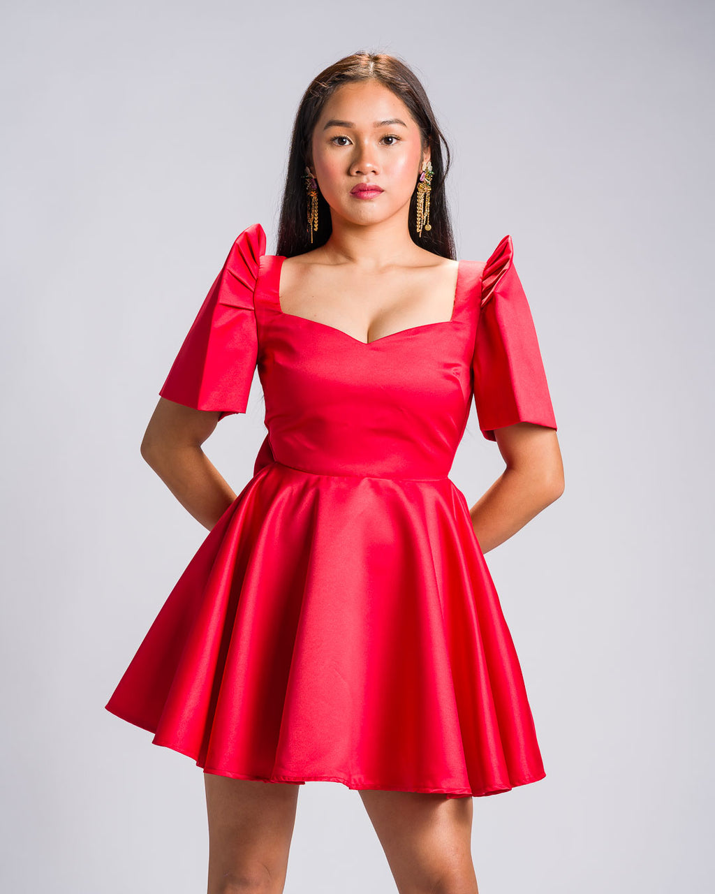 'Love' Mini Filipiniana Dress, Duchess Satin (Red)