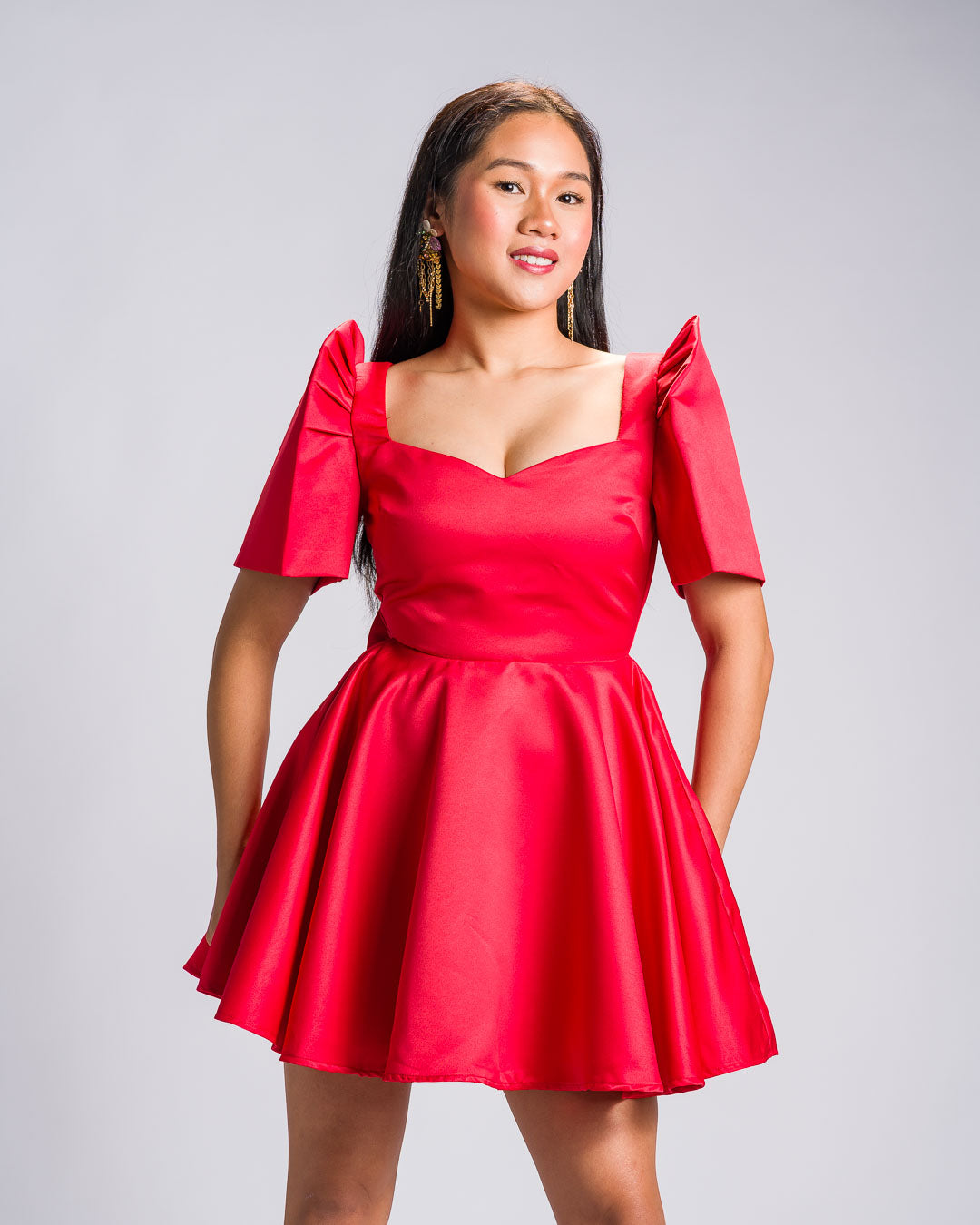 'Love' Mini Filipiniana Dress, Duchess Satin (Red)