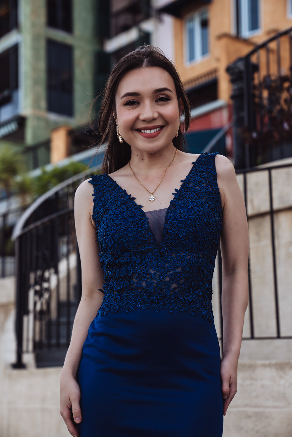 'Florence' Floral Embellished Prom & Formal Dress (Navy)