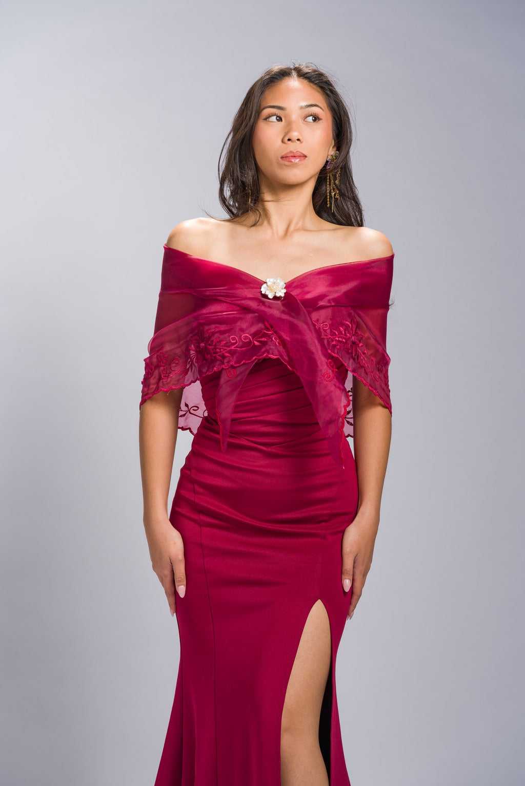 Filipiniana Alampay 'Maria Clara' in Burgundy, front view – Mestiza Filipina