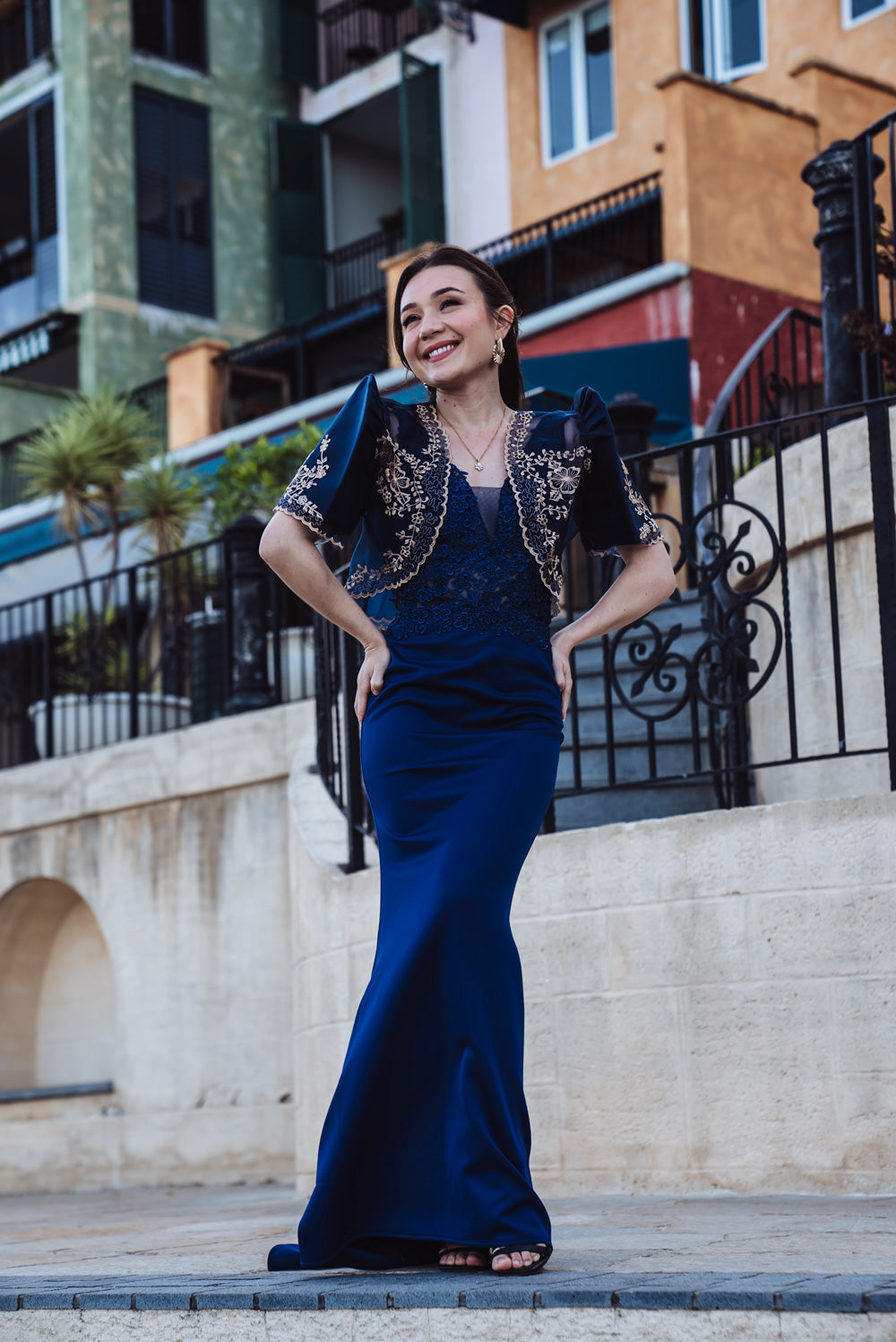 'Florence' Floral Embellished Prom & Formal Dress (Navy)