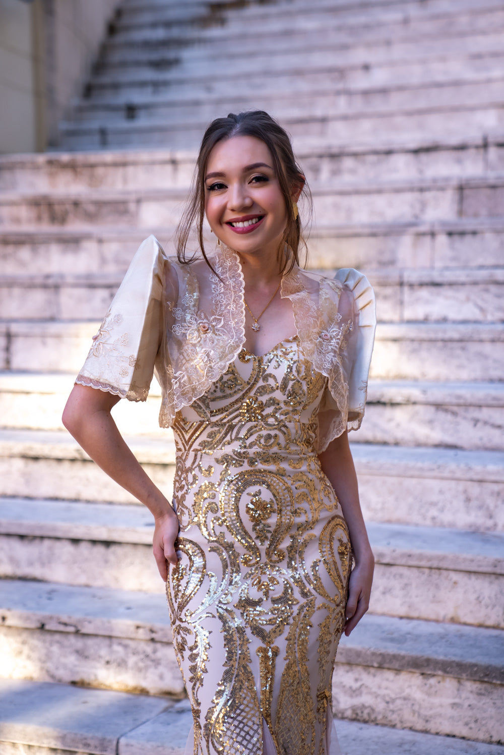 filipiniana dress gold Filipiniana Off Shoulder Dress Embroidered With Beads Gold Large