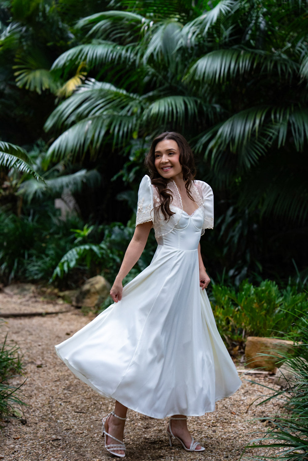 Ella Satin Midi Bridal Dress with Tulle Petticoat (Ivory White)