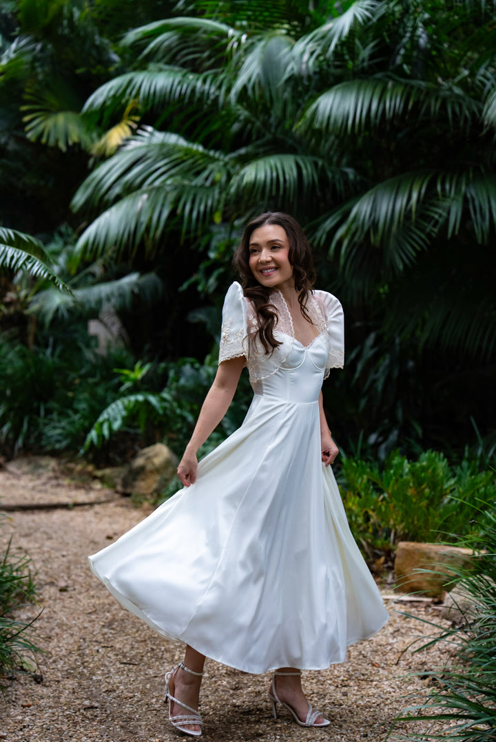 'Ella' Satin Midi Bridal Dress with Tulle Petticoat (Ivory White)