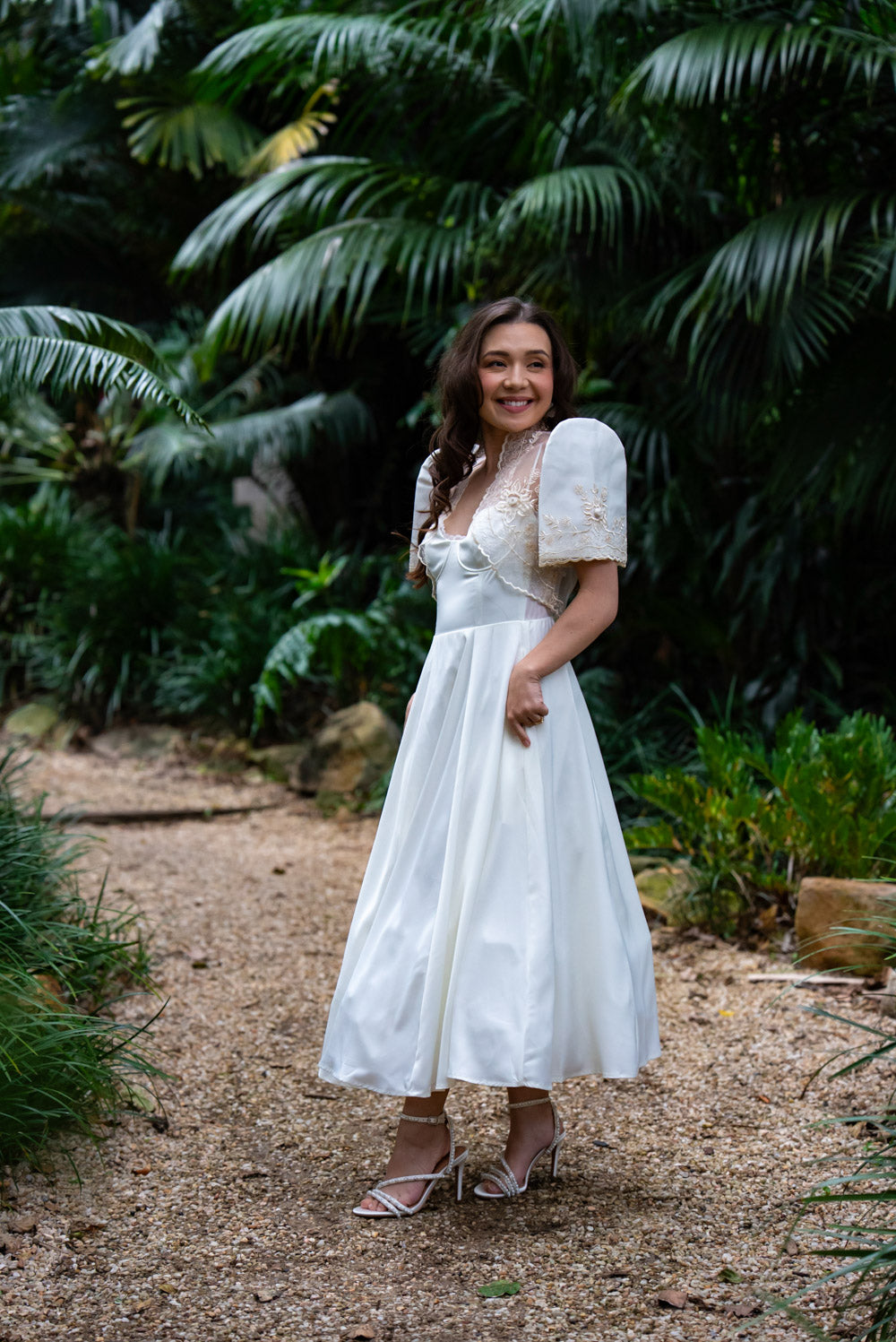 Ella Satin Midi Bridal Dress with Tulle Petticoat (Ivory White)