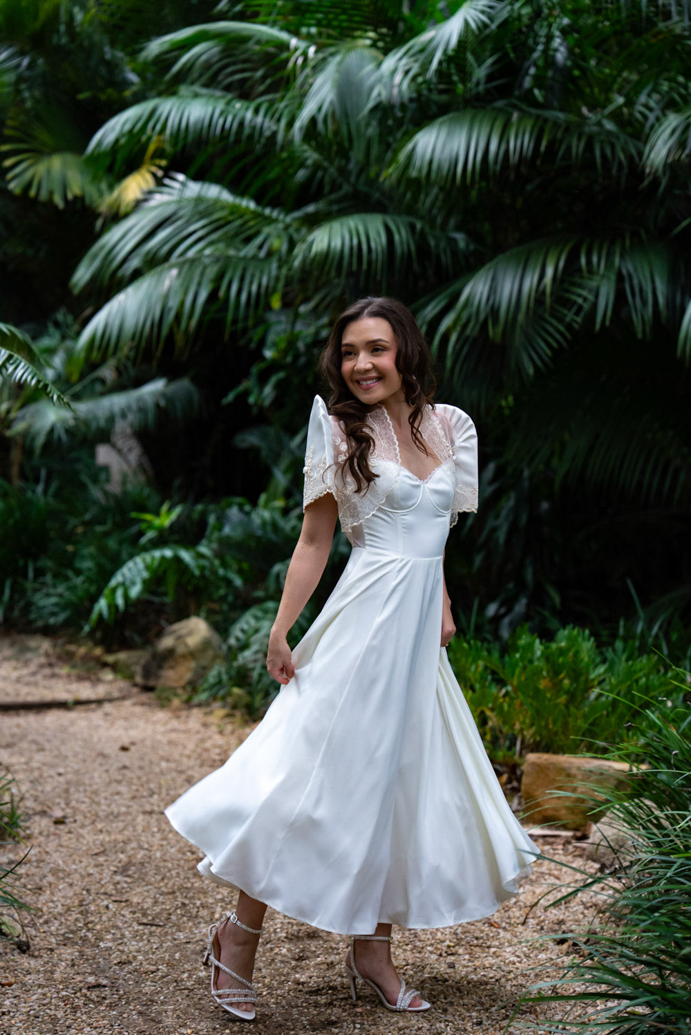 Ella Satin Midi Bridal Dress with Tulle Petticoat (Ivory White)