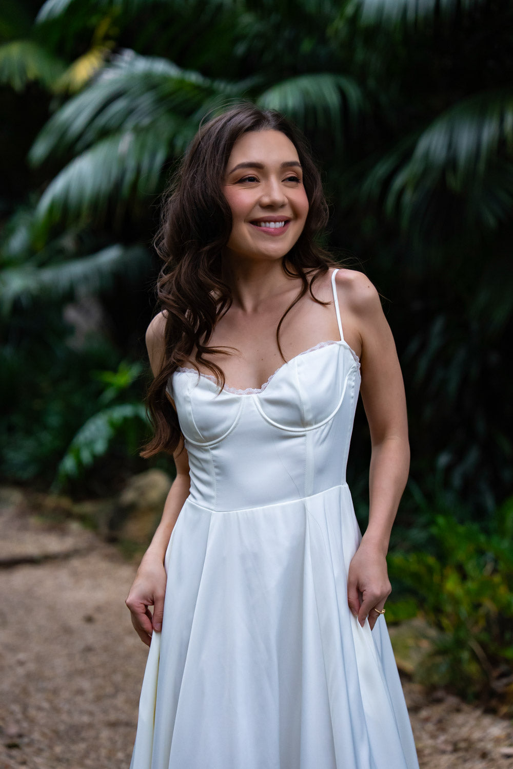 Ella Satin Midi Bridal Dress with Tulle Petticoat (Ivory White)