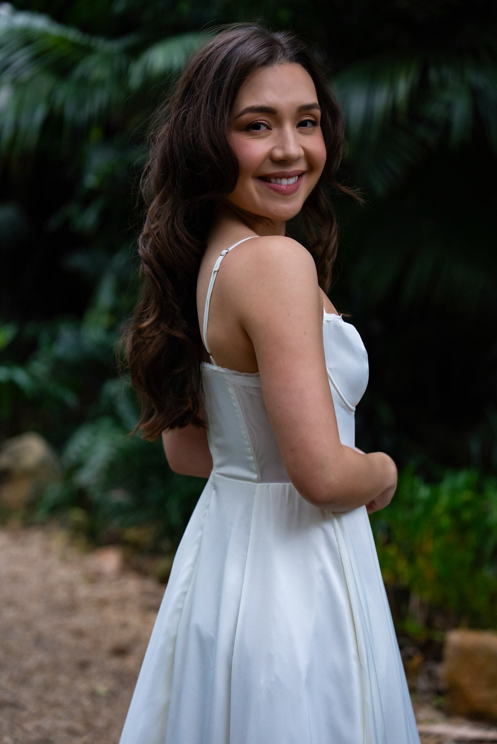 Ella Satin Midi Bridal Dress with Tulle Petticoat (Ivory White)