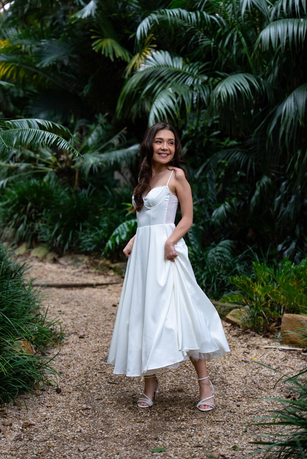 Ella Satin Midi Bridal Dress with Tulle Petticoat (Ivory White)