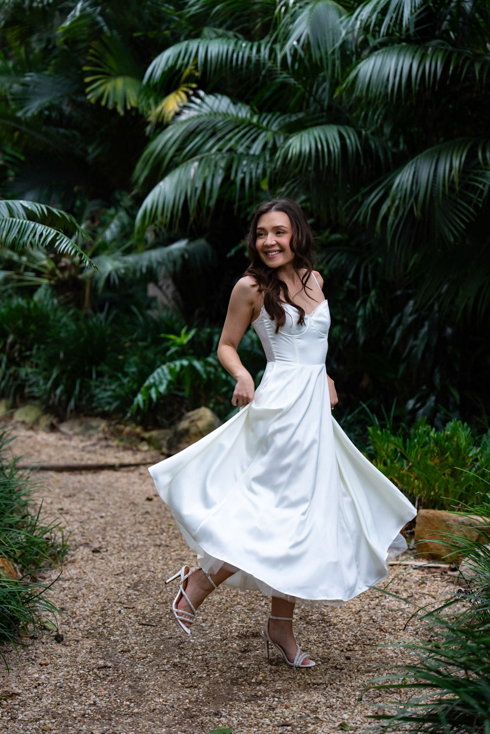 Ella Satin Midi Bridal Dress with Tulle Petticoat (Ivory White)