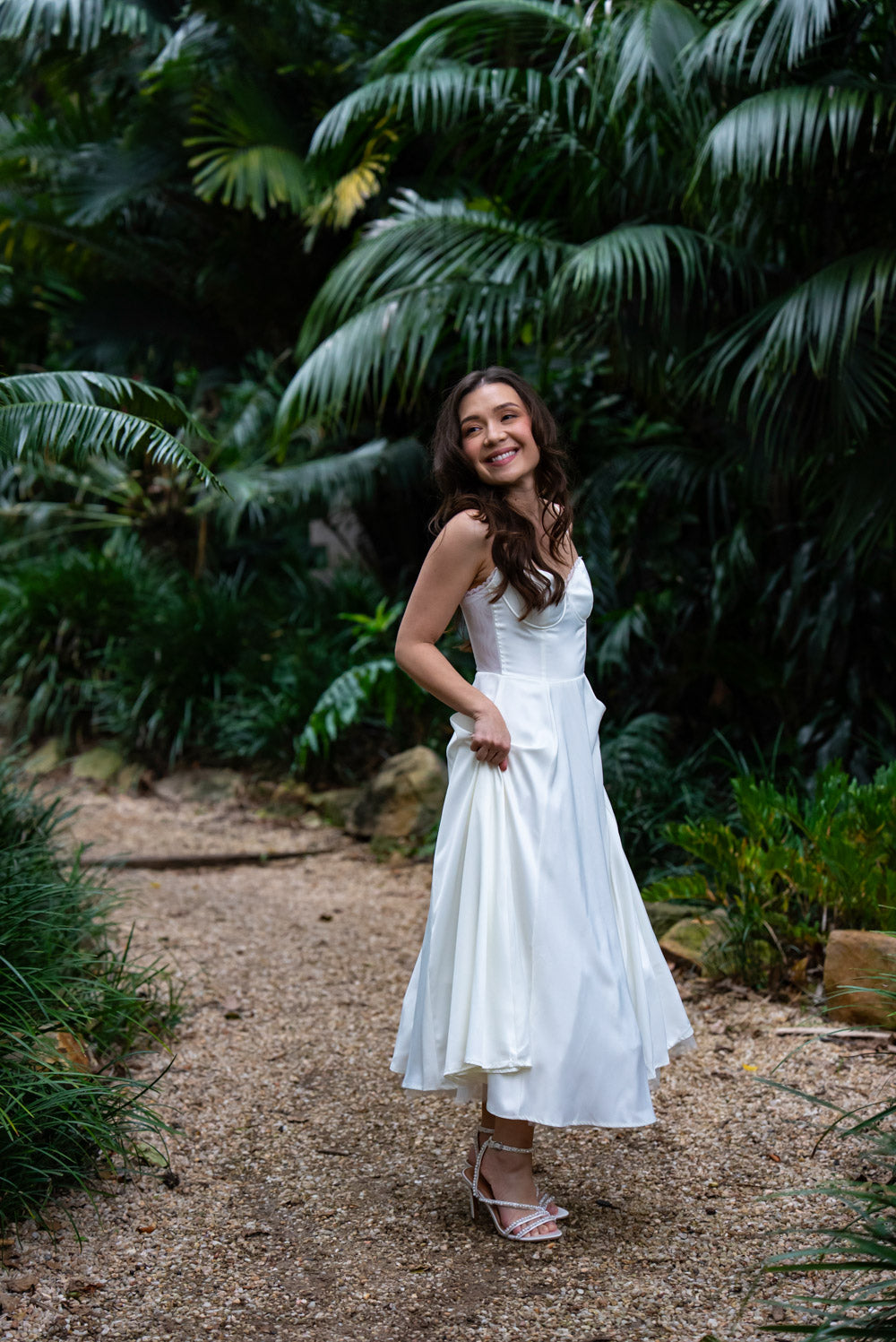 Ella Satin Midi Bridal Dress with Tulle Petticoat (Ivory White)