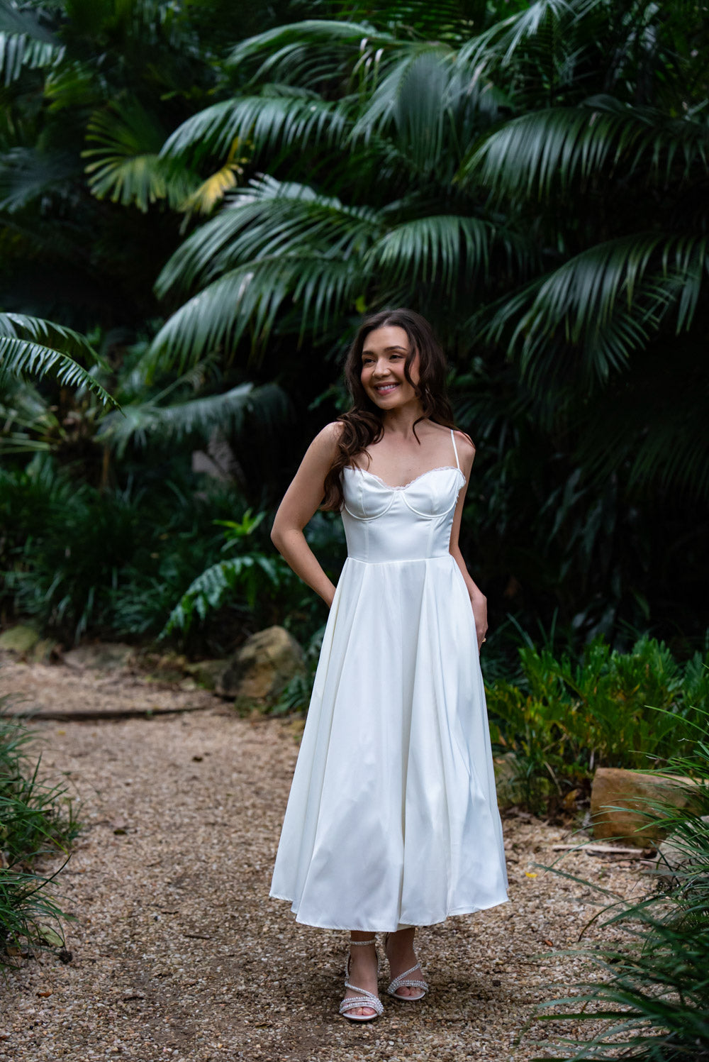 Ella Satin Midi Bridal Dress with Tulle Petticoat (Ivory White)