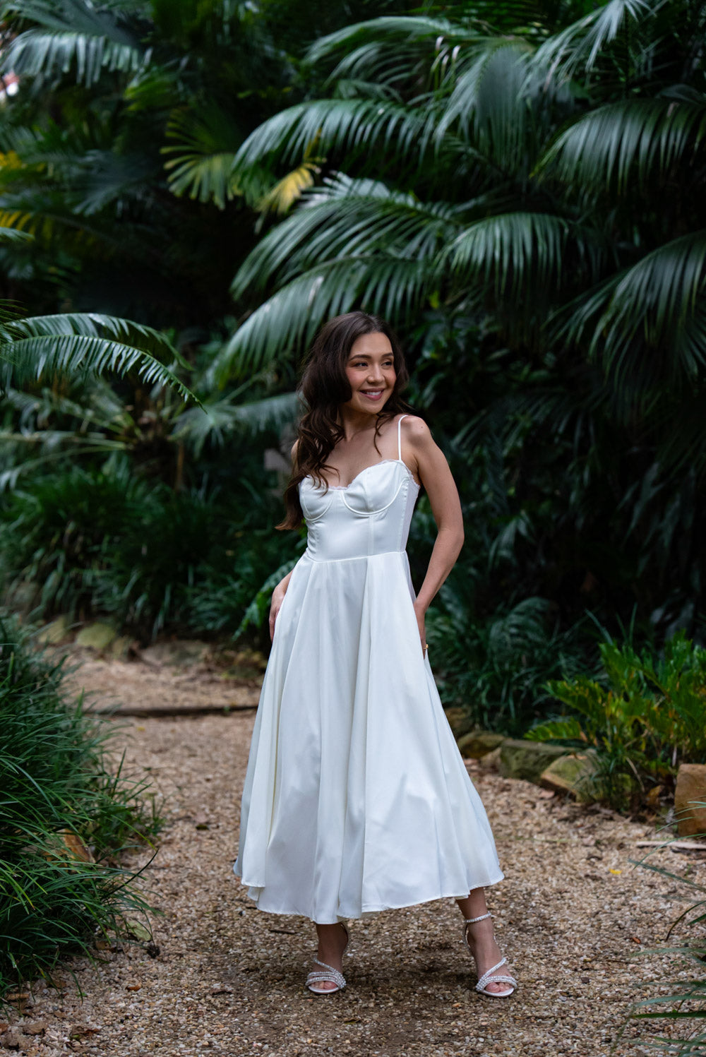 Ella Satin Midi Bridal Dress with Tulle Petticoat (Ivory White)