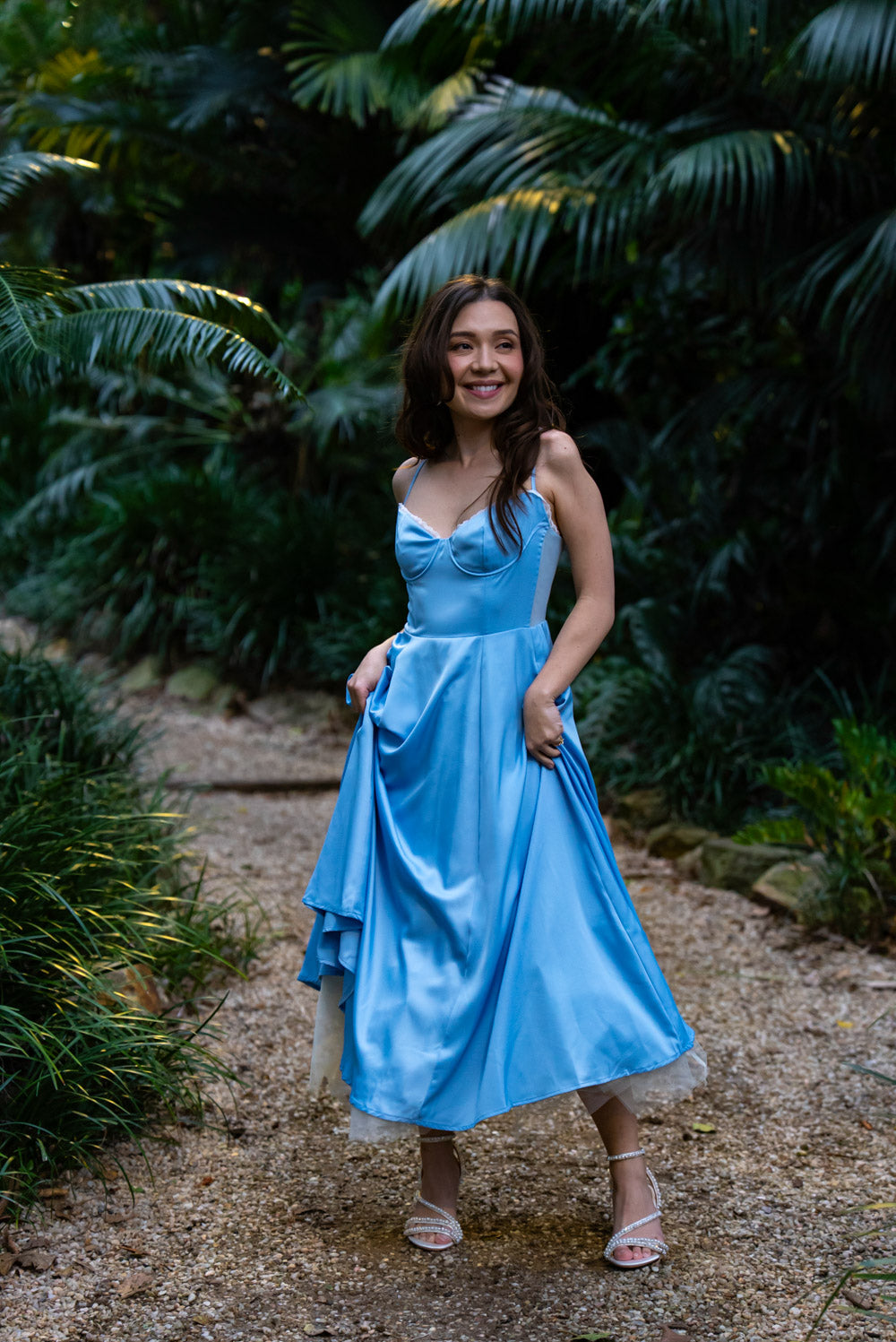 'Ella' Satin Midi Dress with Tulle Petticoat (Sky Blue)