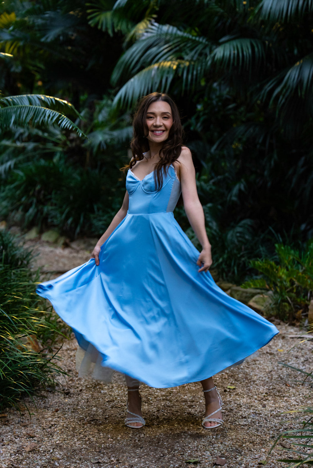 'Ella' Satin Midi Dress with Tulle Petticoat (Sky Blue)