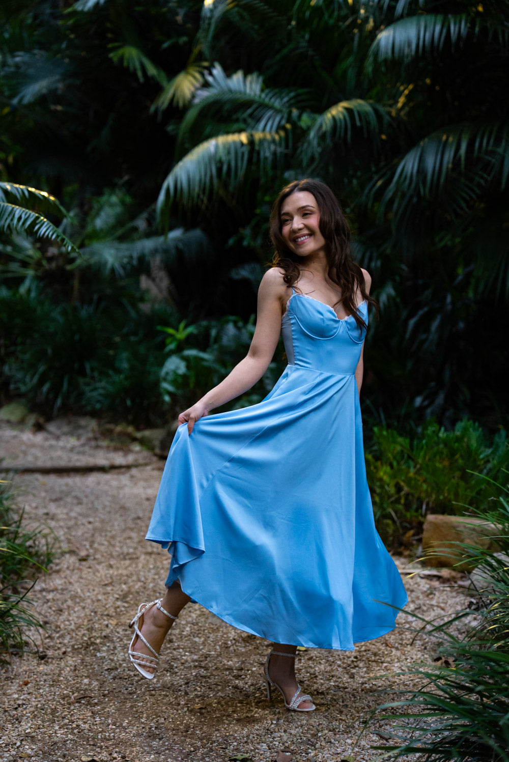 'Ella' Satin Midi Dress with Tulle Petticoat (Sky Blue)