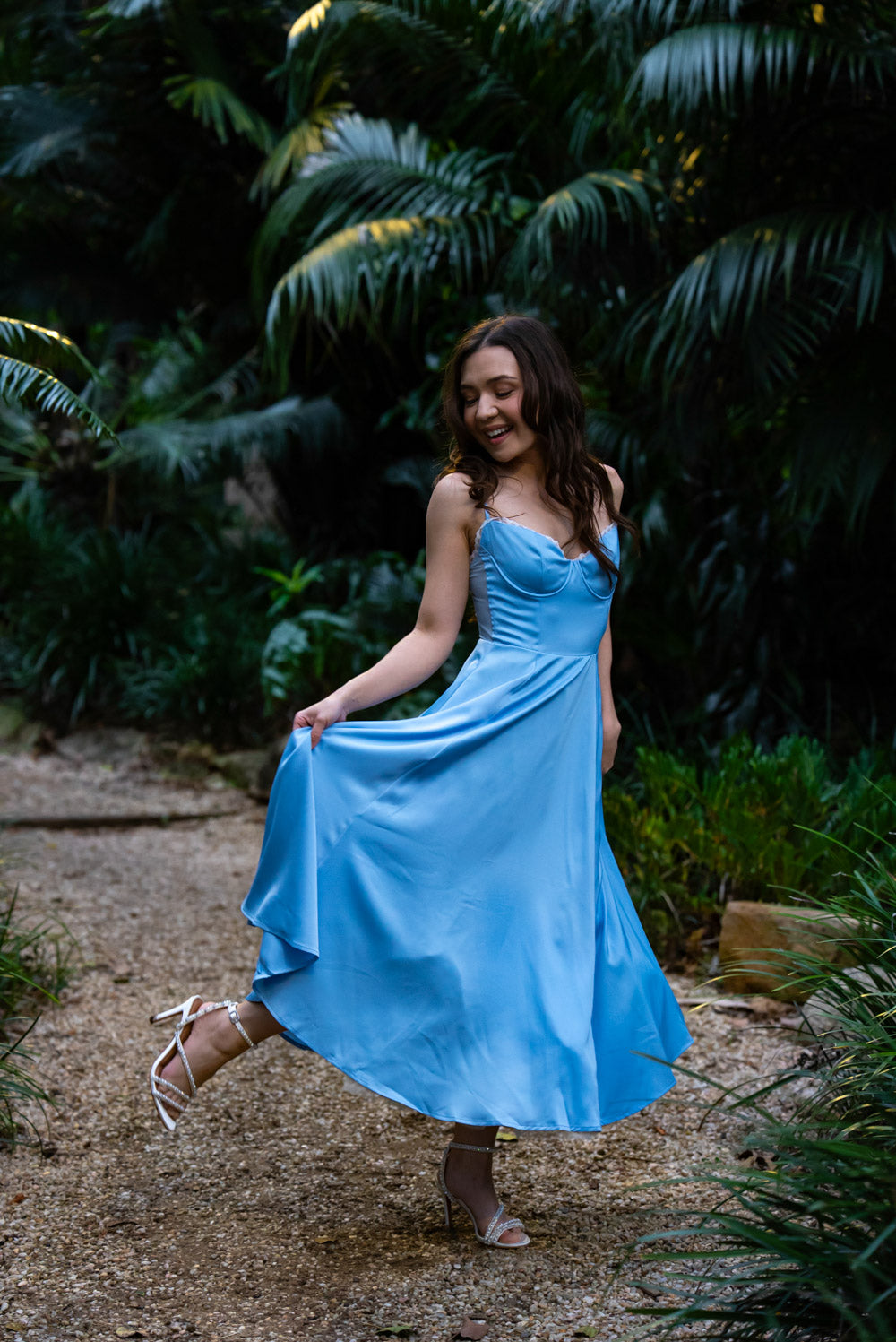 'Ella' Satin Midi Dress with Tulle Petticoat (Sky Blue)