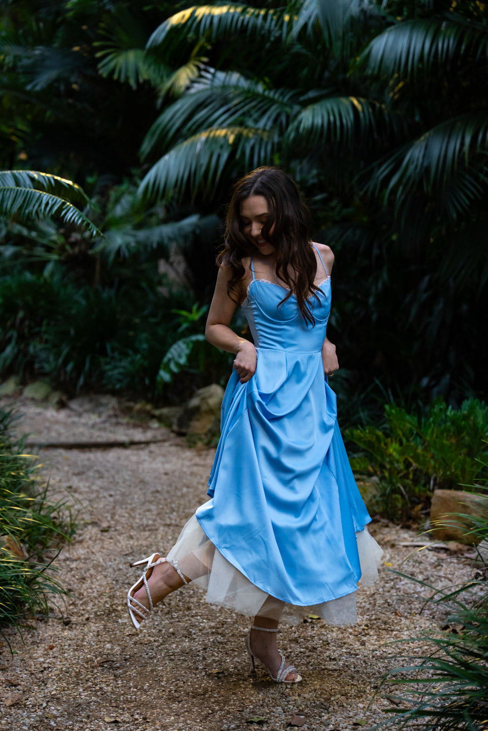 'Ella' Satin Midi Dress with Tulle Petticoat (Sky Blue)