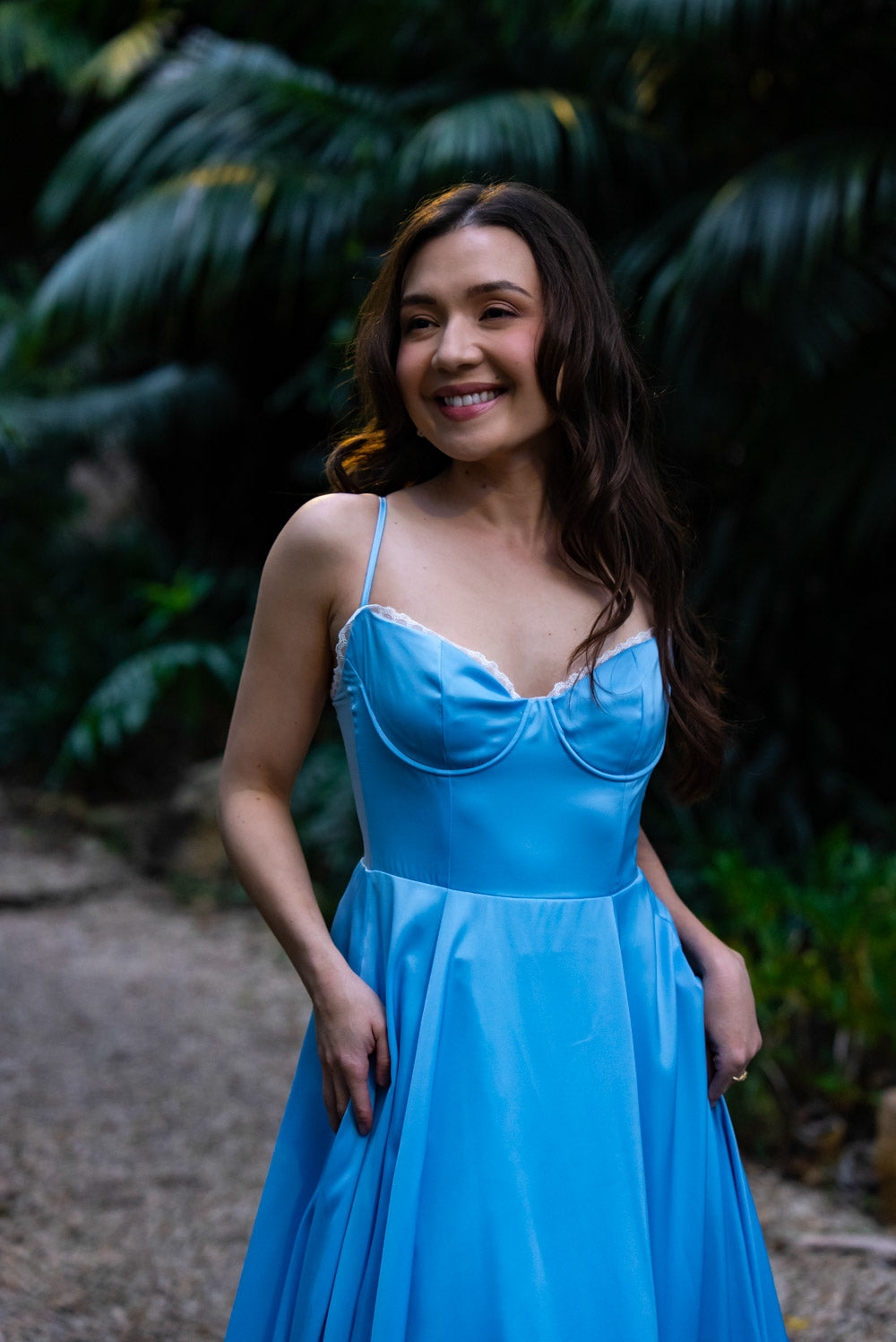 'Ella' Satin Midi Dress with Tulle Petticoat (Sky Blue)