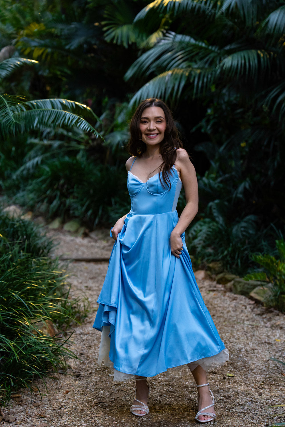 'Ella' Satin Midi Dress with Tulle Petticoat (Sky Blue)