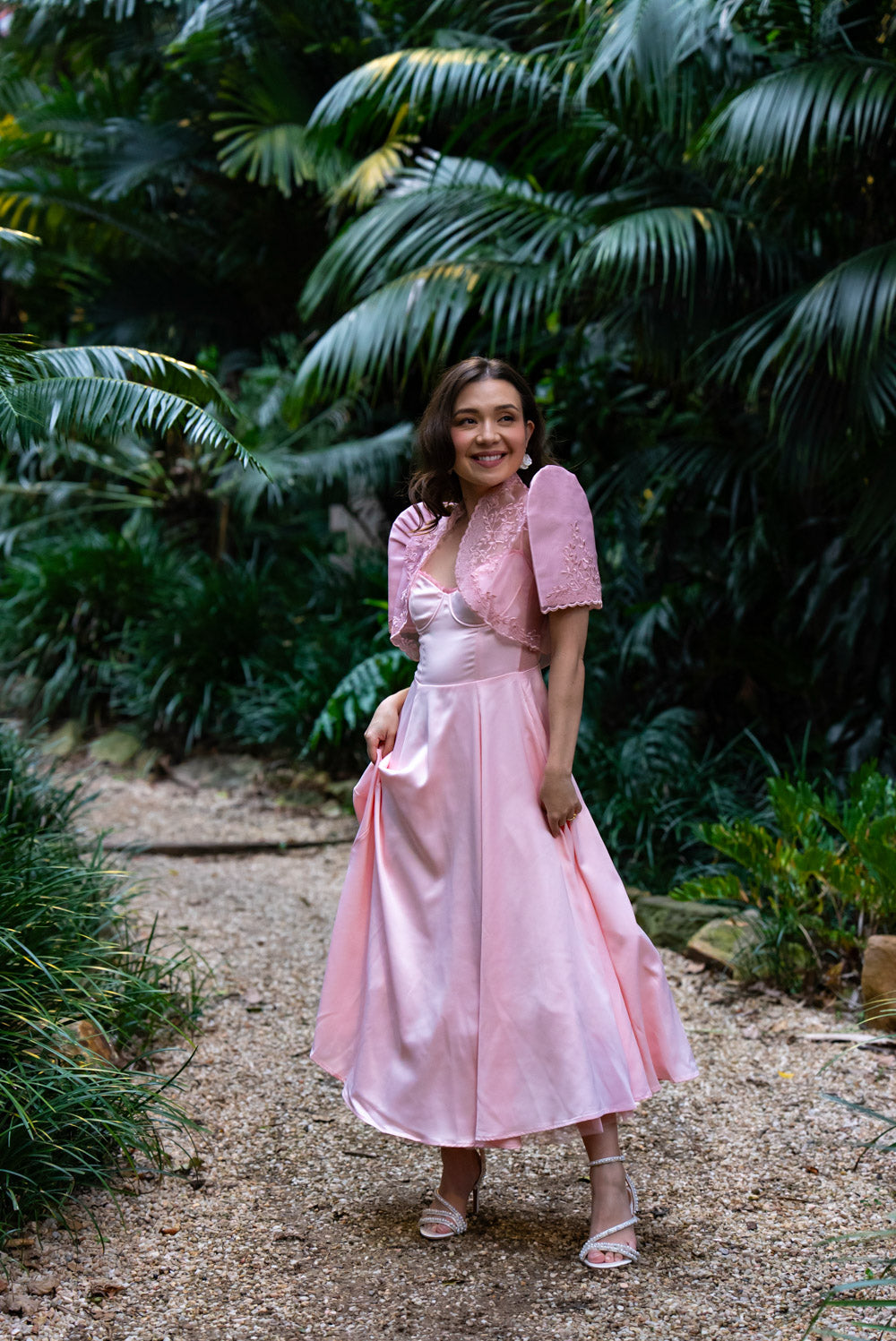 'Ella' Satin Midi Dress with Tulle Petticoat (Peony Pink)