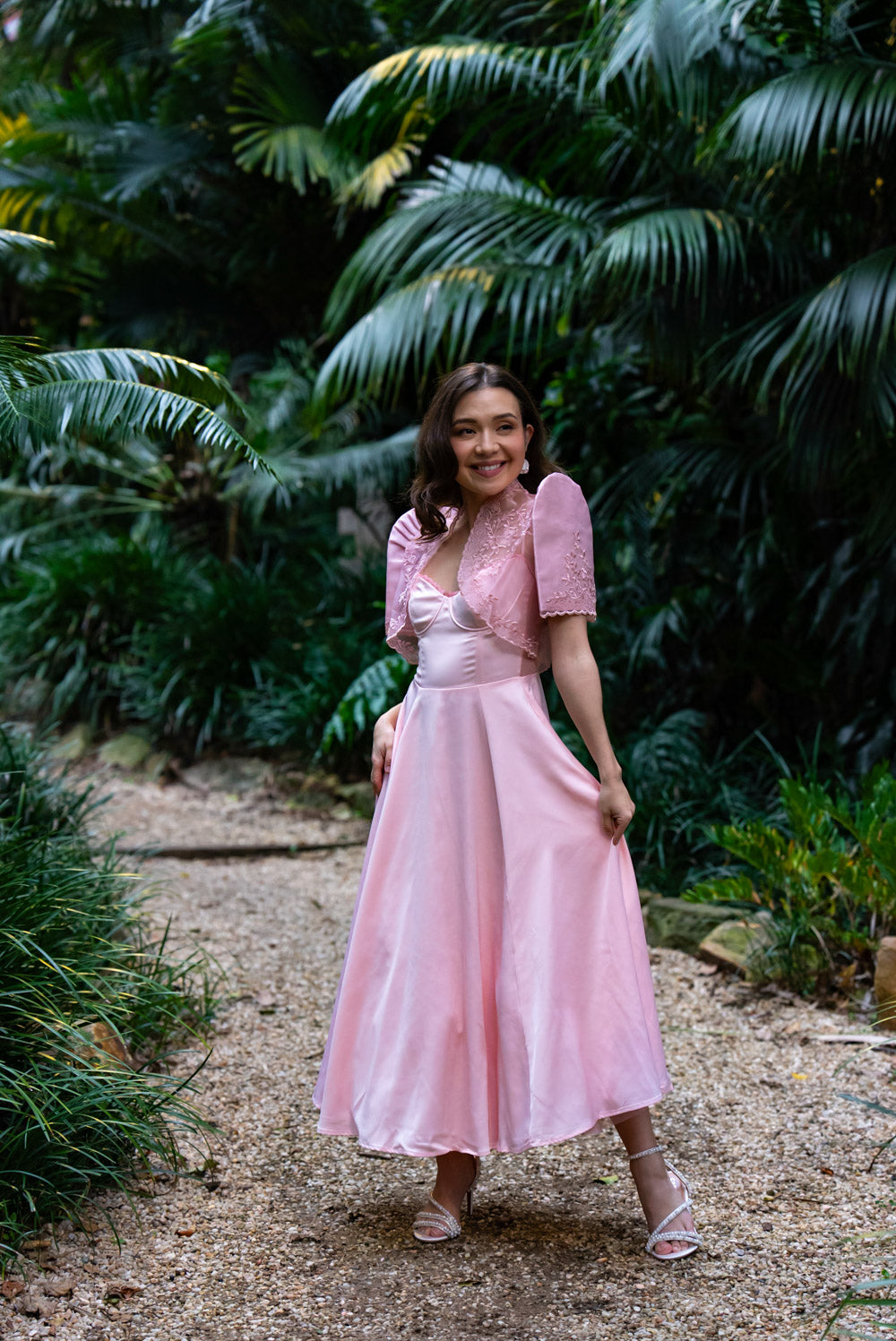 'Ella' Satin Midi Dress with Tulle Petticoat (Peony Pink)