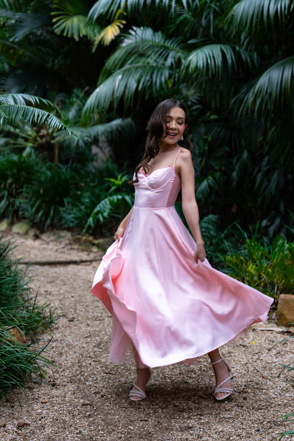 'Ella' Satin Midi Dress with Tulle Petticoat (Peony Pink)