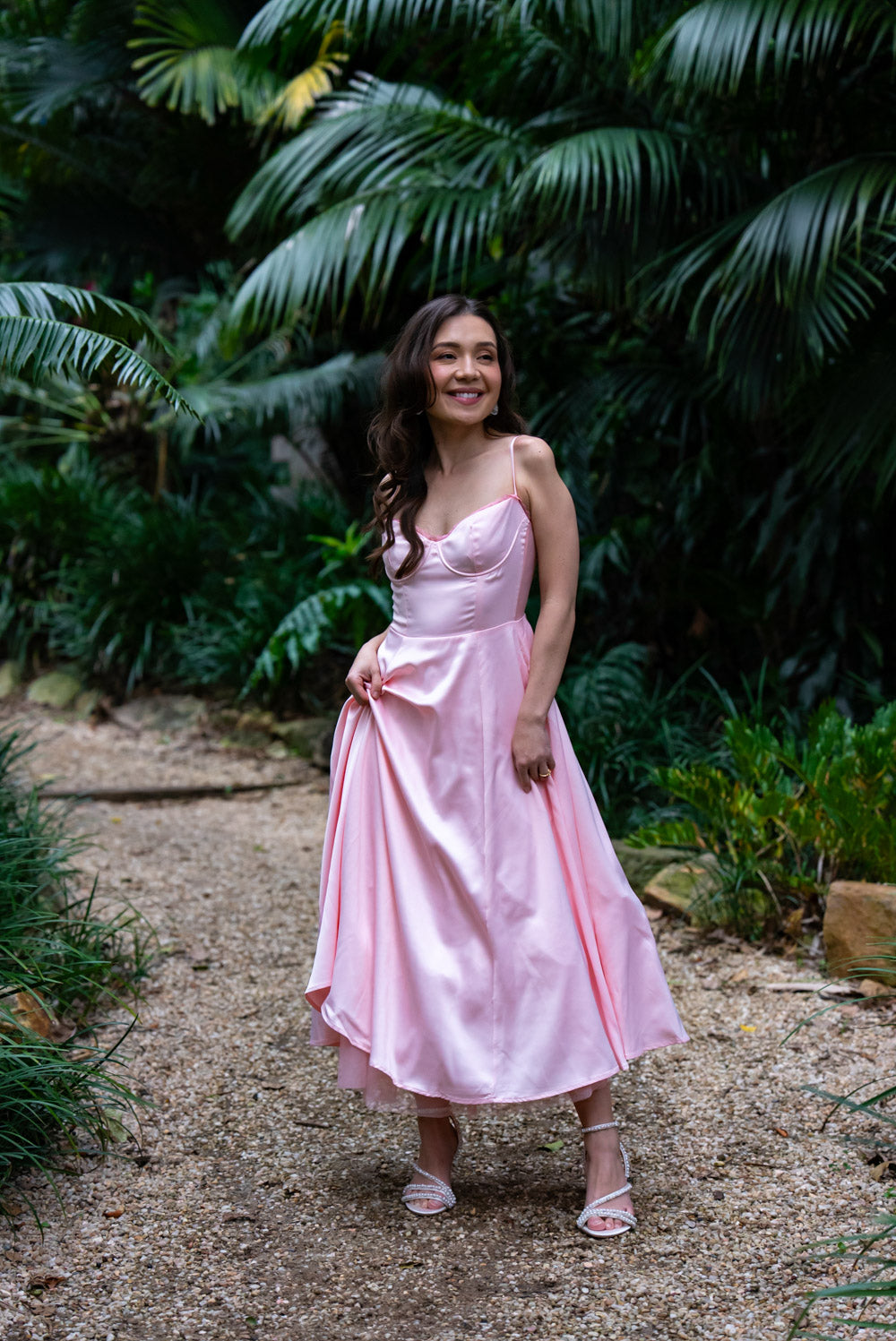 'Ella' Satin Midi Dress with Tulle Petticoat (Peony Pink)