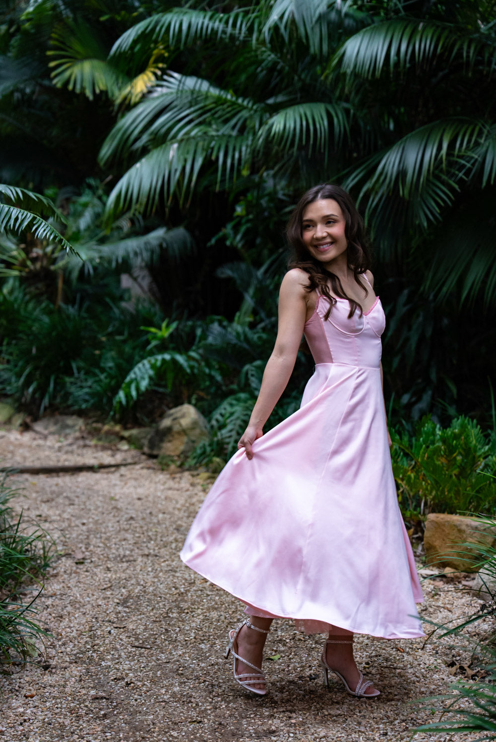 'Ella' Satin Midi Dress with Tulle Petticoat (Peony Pink)
