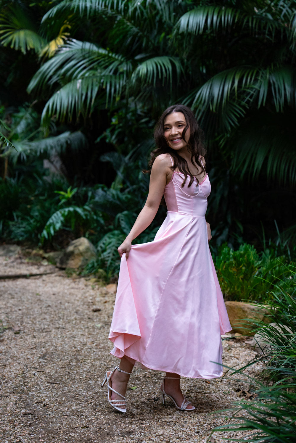 'Ella' Satin Midi Dress with Tulle Petticoat (Peony Pink)