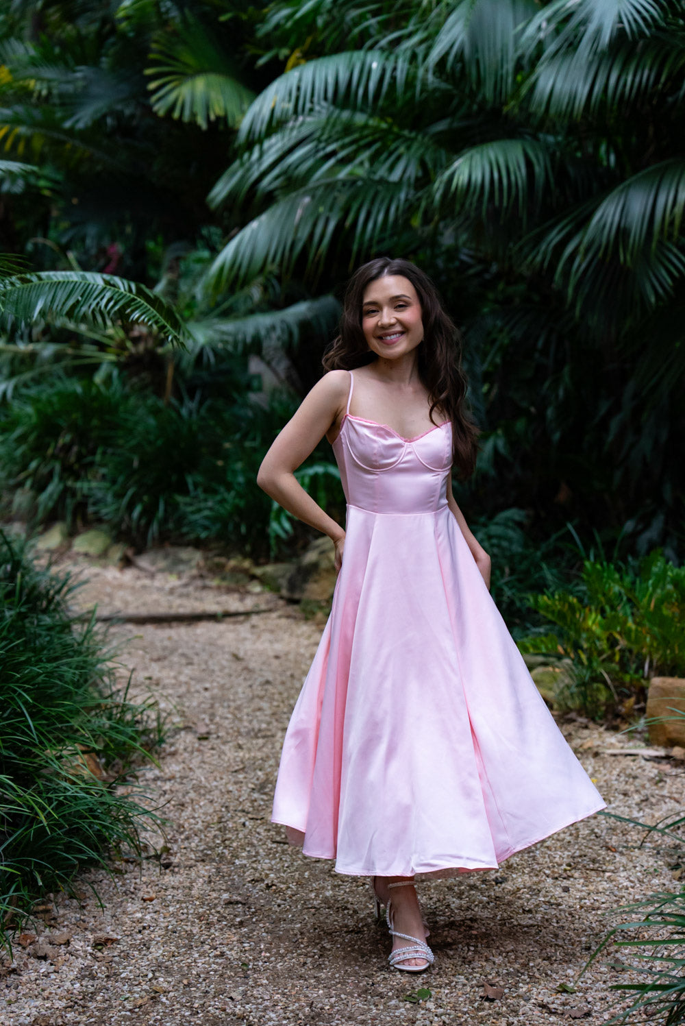 'Ella' Satin Midi Dress with Tulle Petticoat (Peony Pink)