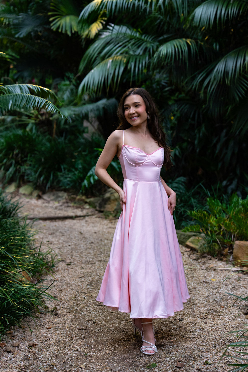 'Ella' Satin Midi Dress with Tulle Petticoat (Peony Pink)