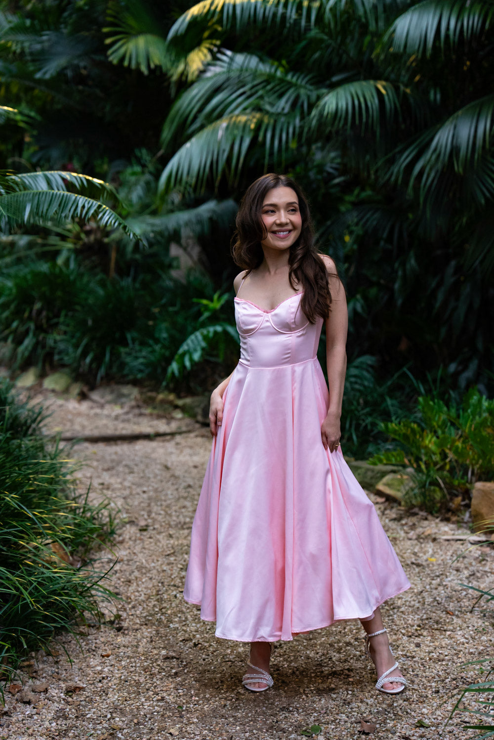 'Ella' Satin Midi Dress with Tulle Petticoat (Peony Pink)