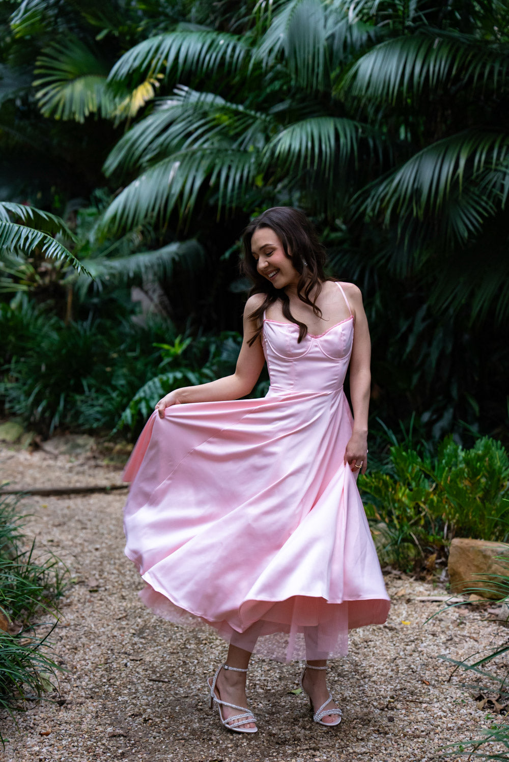 'Ella' Satin Midi Dress with Tulle Petticoat (Peony Pink)