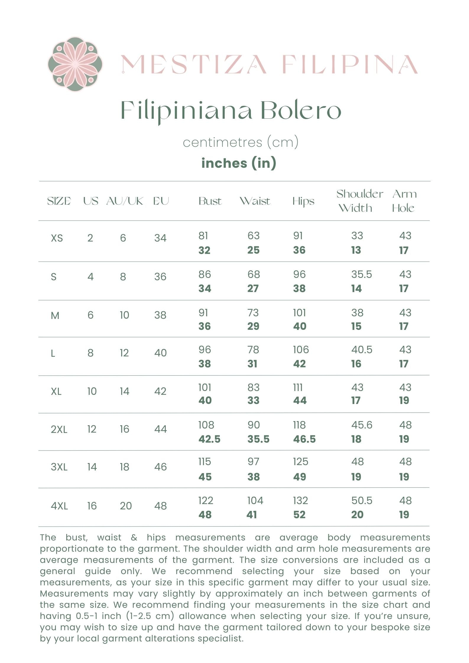 Size chart for Mestiza Filipina Filipiniana Boleros with measurements in centimeters and inches, in US, AU, UK, and EU sizes