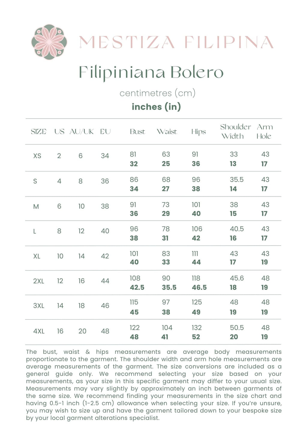 Size chart for Mestiza Filipina Filipiniana Bolero