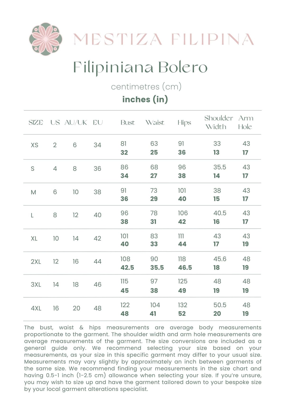 Size chart for Mestiza Filipina Filipiniana Bolero