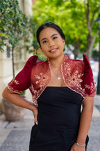 Filipiniana Bolero 'Luisa' in Burgundy, close-up – Mestiza Filipina
