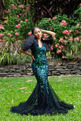 'Estella' Two-Tone Sequin Tulle Sparkling Gown (Turquoise Green)