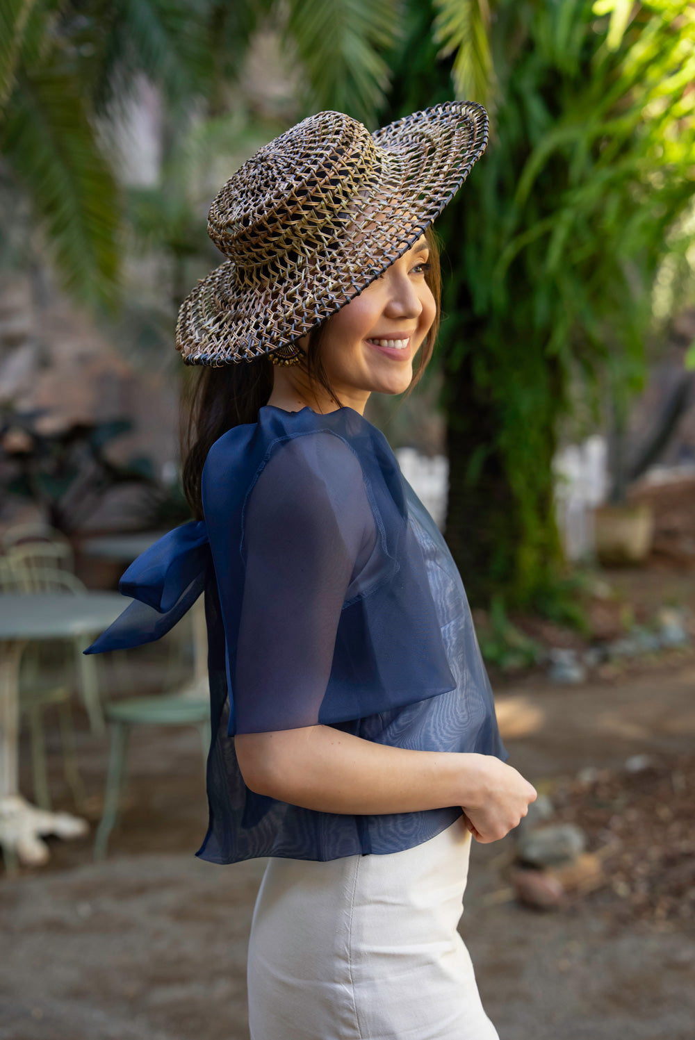 Dahlia Ribbon Tie-Up Blouse (Navy Blue)