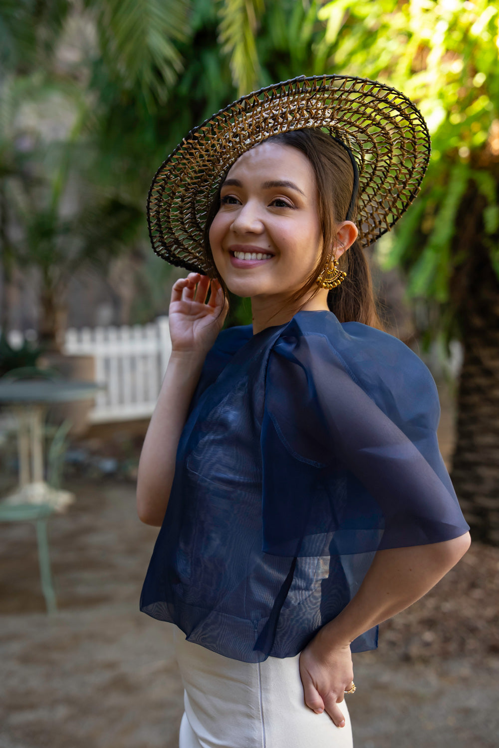 Dahlia Ribbon Tie-Up Blouse (Navy Blue)