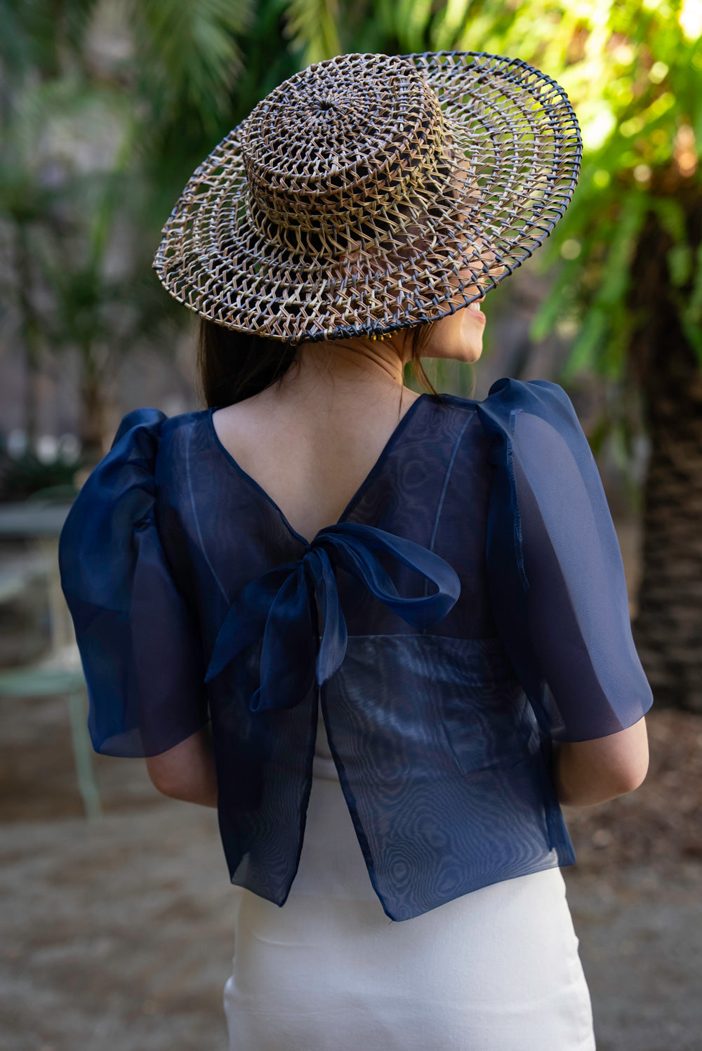 Dahlia Ribbon Tie-Up Blouse (Navy Blue)