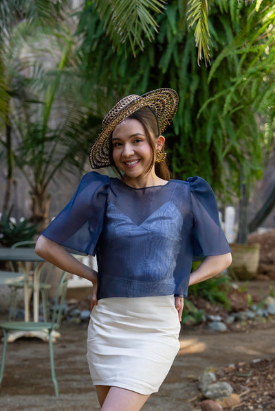 Dahlia Ribbon Tie-Up Blouse (Navy Blue)