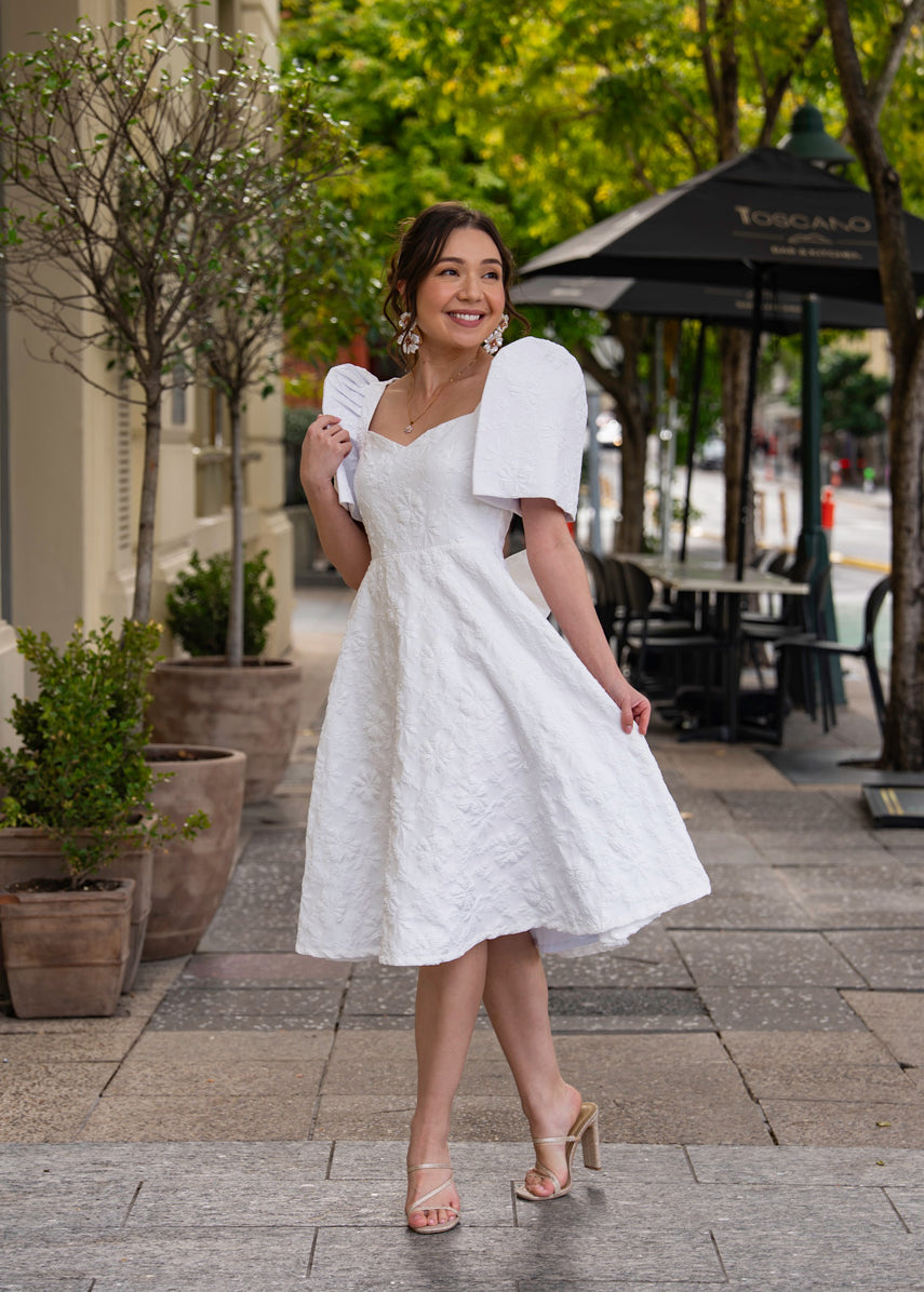 'Love' Midi Filipiniana Dress, Floral Jacquard (Snow White) - XS | US 2