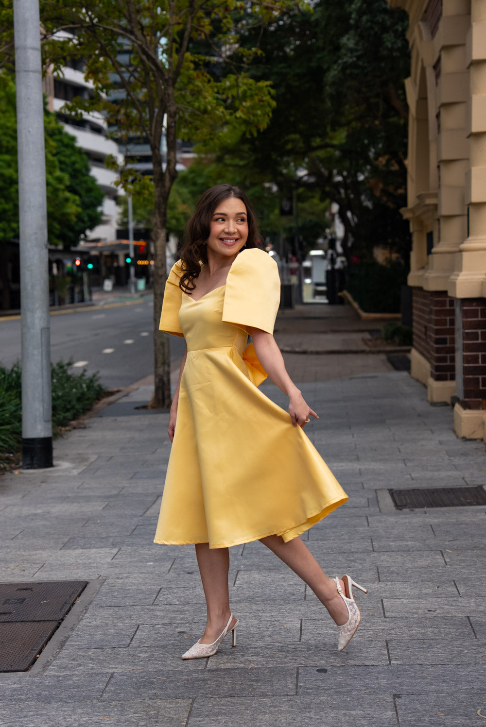 'Love' Midi Filipiniana Dress, Duchess Satin (Butter Yellow)