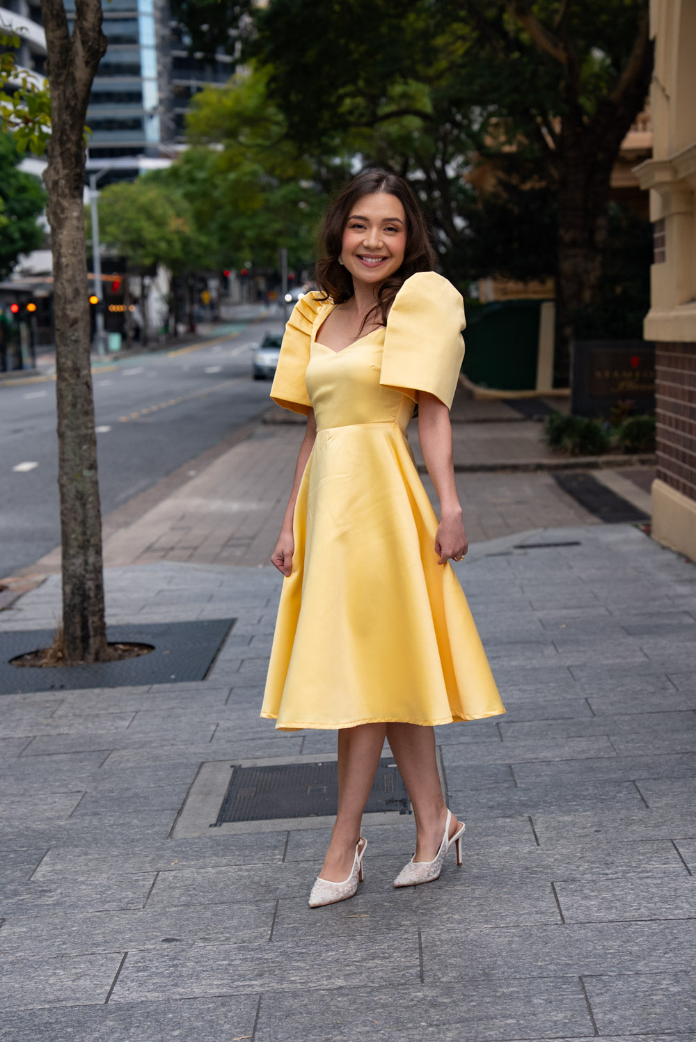 'Love' Midi Filipiniana Dress, Duchess Satin (Butter Yellow)