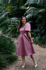 'Love' Midi Filipiniana Dress, Duchess Satin (Rose Pink)
