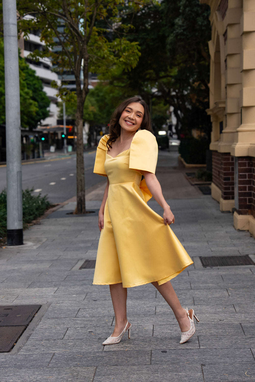 'Love' Midi Filipiniana Dress, Duchess Satin (Butter Yellow)