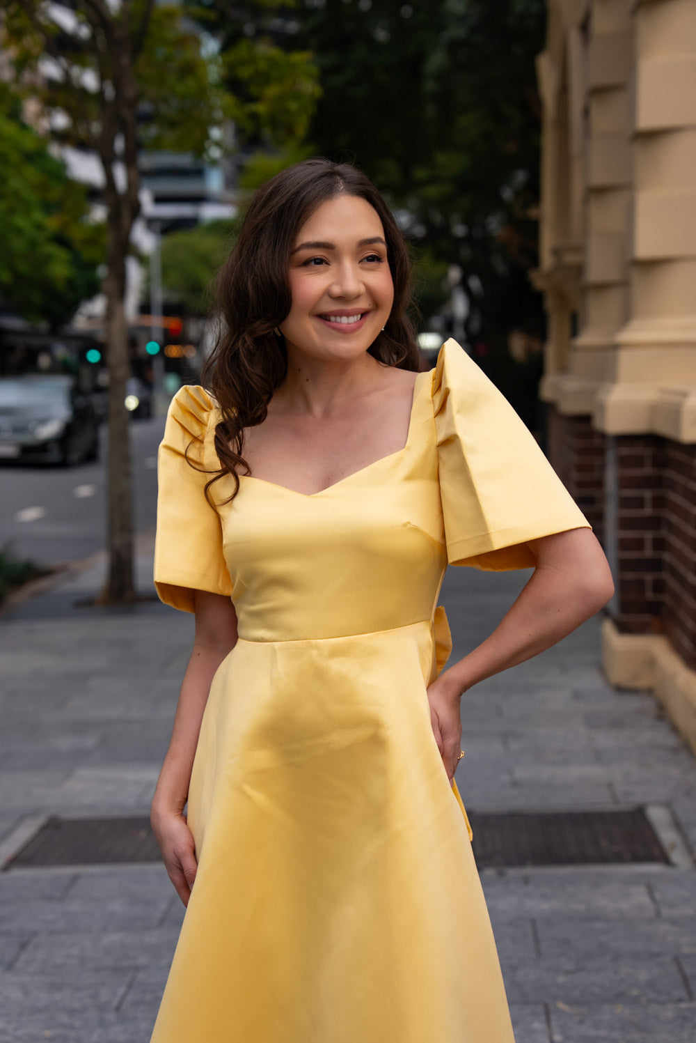 'Love' Midi Filipiniana Dress, Duchess Satin (Butter Yellow)