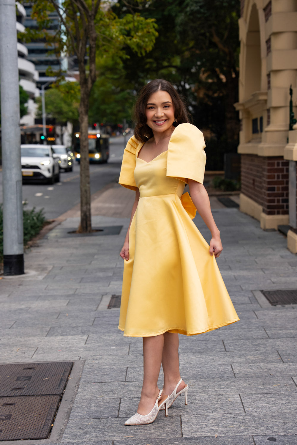 'Love' Midi Filipiniana Dress, Duchess Satin (Butter Yellow)